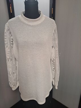 Women's Cream Crochet Knit Sweater with Lace Floral Sleeves